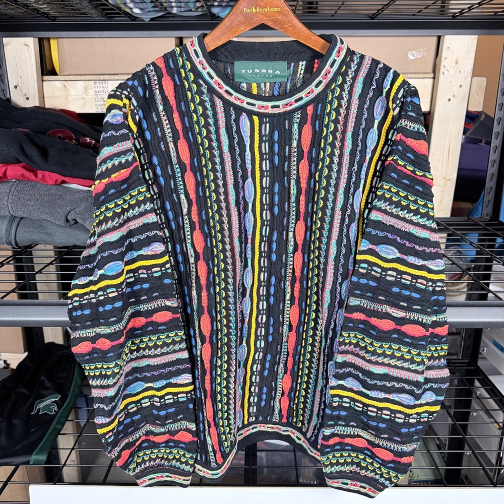 TUNDRA CANADA Mens Black Multi Color‎ Knit Sweater Crewneck Long Sleeve Size L